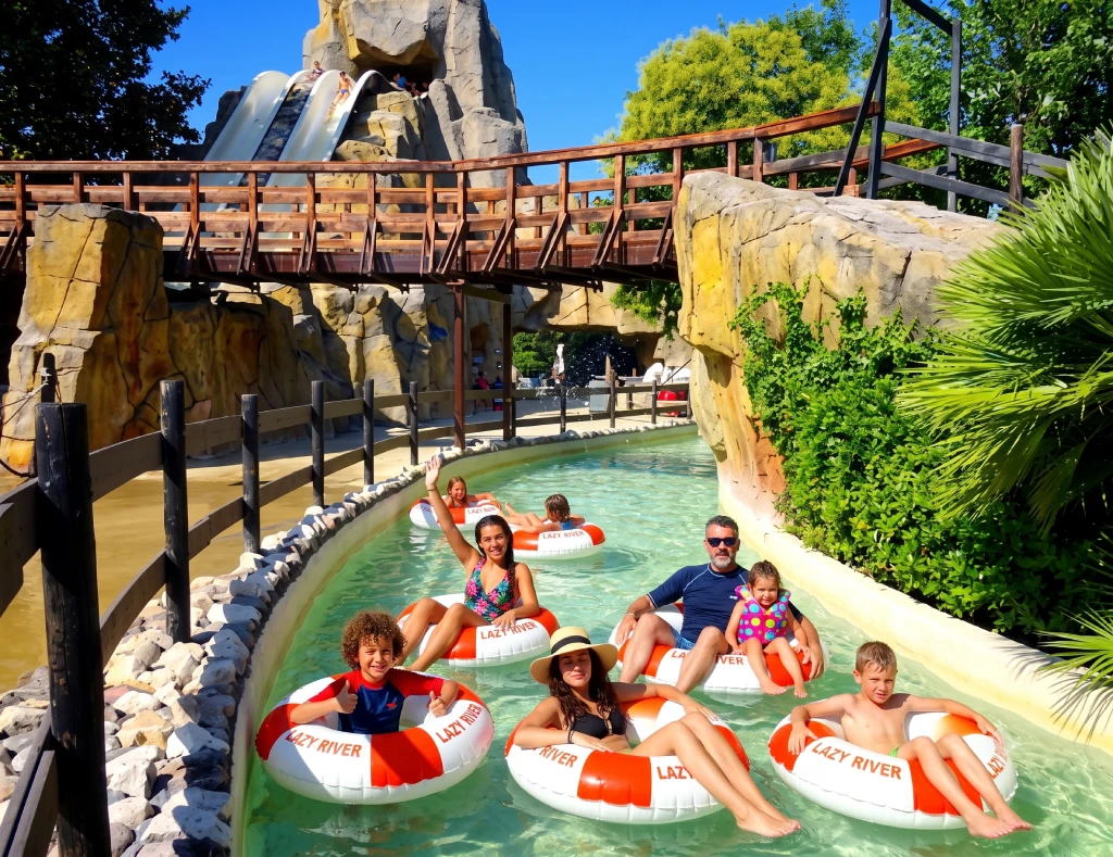 Familie mit Kindern beim Tagesausflug in einen Wasserpark am Gardasee