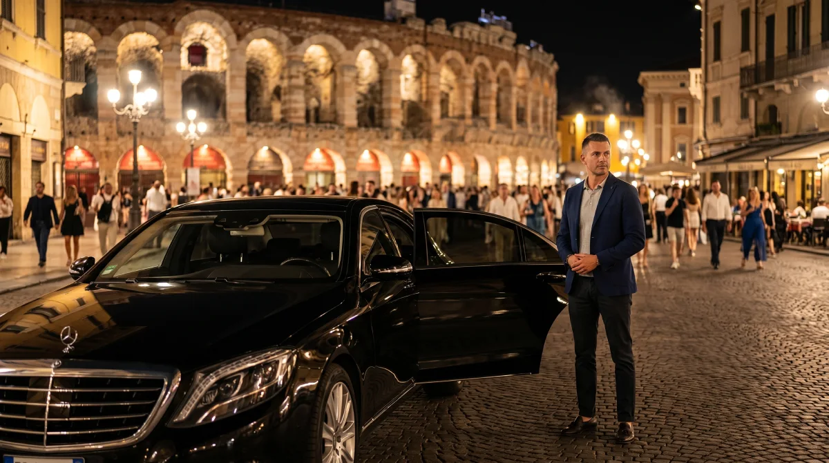 Driver waiting outside Arena di Verona for Lake Garda transfer guests